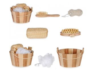 Set 5 accesorii SPA, wellness, baie, dus, organizate intr-o galetusa din lemn, Escalate, 17x17x13 cm