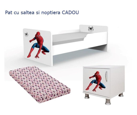 Pat copii Spiderman cu saltea 140x70 cm + noptiera cadou