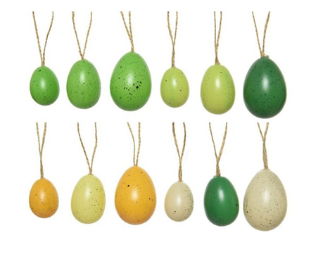Set decorativ 12 oua, cu agatatoare, galben/verde, 4x6 cm