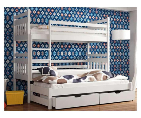 Drveni dječji krevet na kat Seweryn s tri kreveta i ladicom - bijeli - 160x80 cm