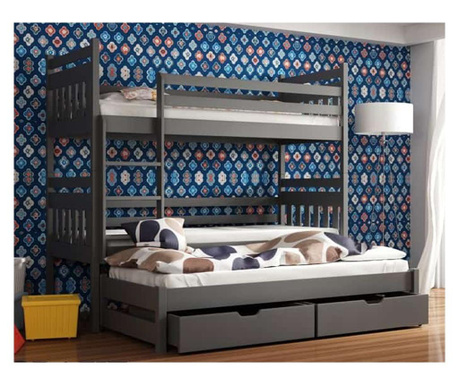 Drveni dječji krevet na kat Seweryn s tri kreveta i ladicom - grafit - 160x80 cm