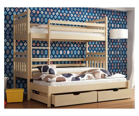 Drveni dječji krevet na kat Seweryn s tri kreveta i ladicom - svijetlo drvo - 180x80 cm
