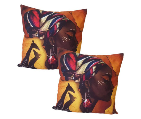 2 db-os párnahuzat készlet, afrikai női nyomat színes turbánnal, 43x43 cm, EHA, 2