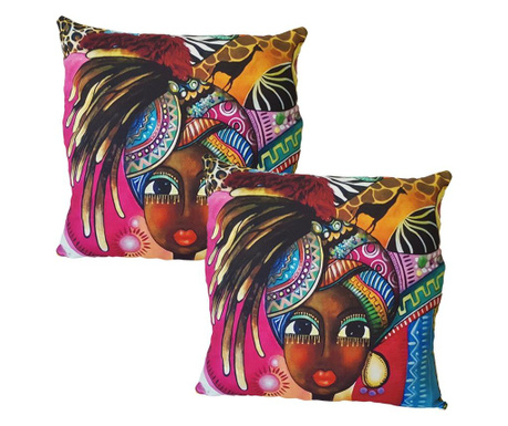 2 db-os párnahuzat készlet, afrikai nő mintás színes turbánnal, 43x43 cm, EHAm6