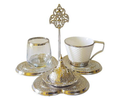Zestaw do serwowania kawy po turecku z kieliszkiem, 6 sztuk, 10x13 cm, srebrny, Busem