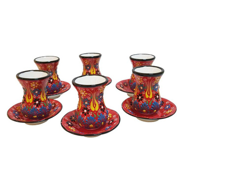 Ръчно изработен керамичен комплект за чай, 6 чаши, EHA, червен с релефни цветя
