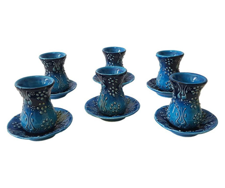 Ръчно изработен керамичен комплект за чай, 6 чаши, EHA, синьо с релефен дизайн