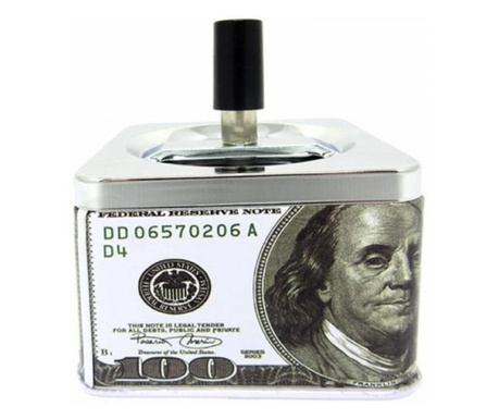 American Dream 100$ метален пепелник с бутон, 14 cm, квадратен