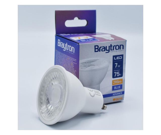 Bec led GU10 7W (75W), 290lm, 38 grade, lumina albastra, semitransparent, Braytron