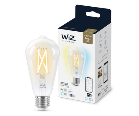 Bec LED smart vintage WiZ, forma ST64, Wi-Fi, dulie E27, 6.7W (60W), 806 lm, temperatura lumina reglabila (2700K-6500K), compati