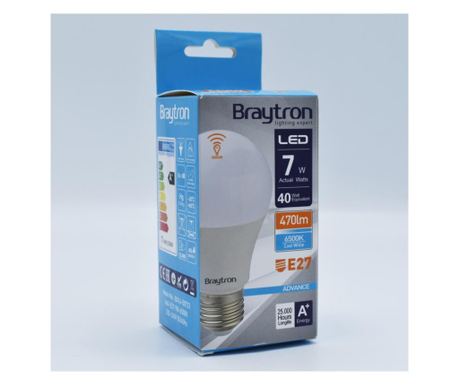 Bec led cu senzor de miscare 7W (40W), E27, A60, 470lm, lumina rece (6500K), opal, Braytron