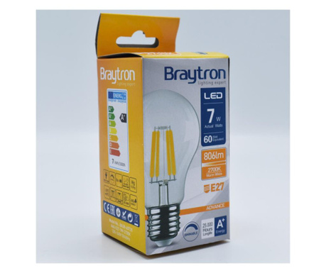Bec led Vintage filament 7W (60W), E27, A60, 806lm, dimabil, lumina calda (2700K), clar, Braytron