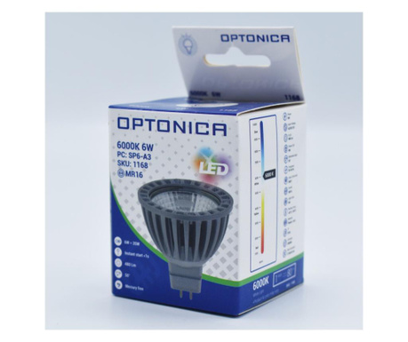 Bec led MR16 12V, 6W (35W), 400 lm, 50 grade, lumina rece (6000K), clar, Optonica