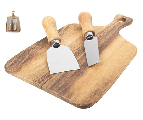 Сет за сервиране на сирена gusta, Дървена дъска акация, 2 ножа за сирена, 18.3 x 12.5 x 1.6 cm
