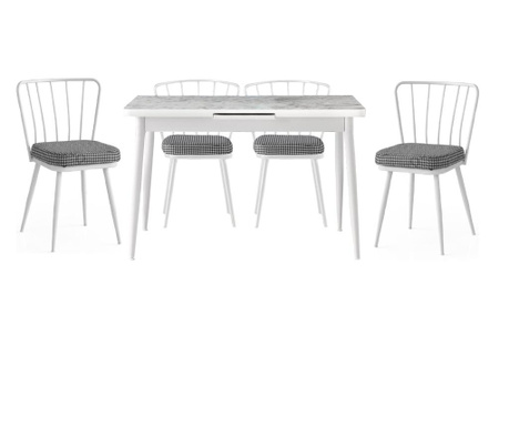 Set masa lima marmura alba 120x80x75cm, cu 4 scaune buse