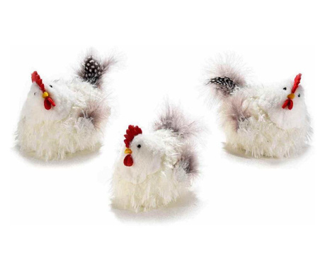 Комплект 3 кокошки декоративни От Текстил И пера Бялоe 10x8x10 См