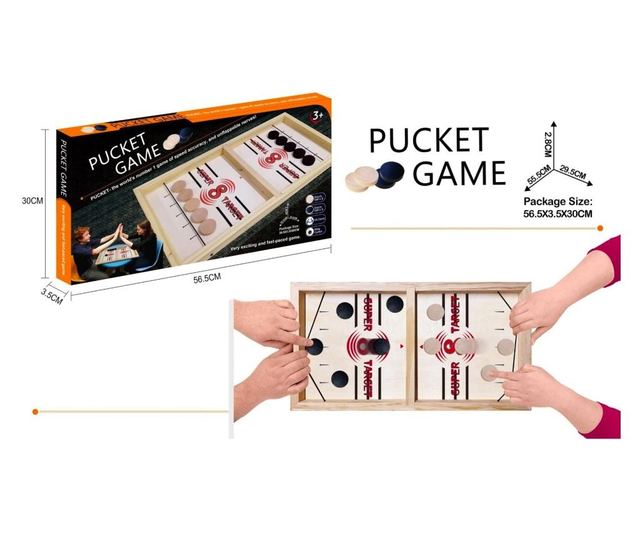 Joc Pucket Game, Hokey Slide, Foosball, din lemn, 55,5 x 28,5 cm