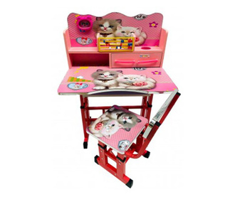 Birou mare cu scaun pentru copii, reglabile, cadru metalic si lemn, roz, pisicutele b12 - krista