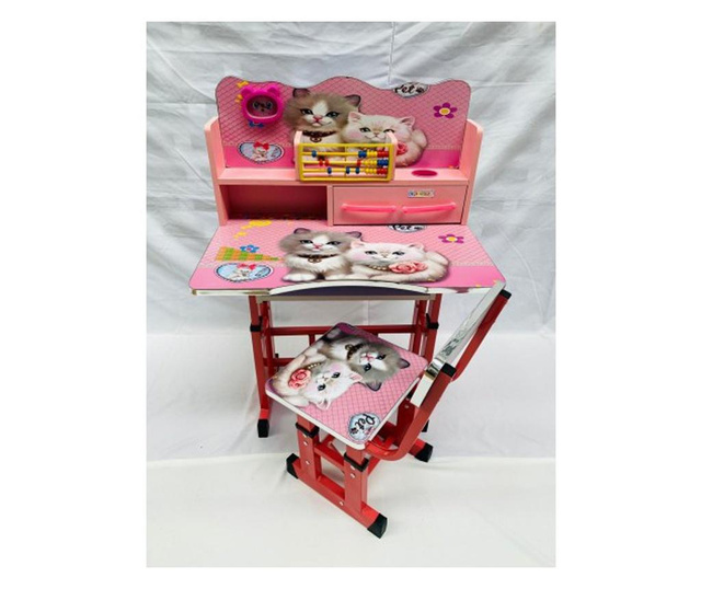 Birou mare cu scaun pentru copii, reglabile, cadru metalic si lemn, roz, Pisicutele B12 - Krista®
