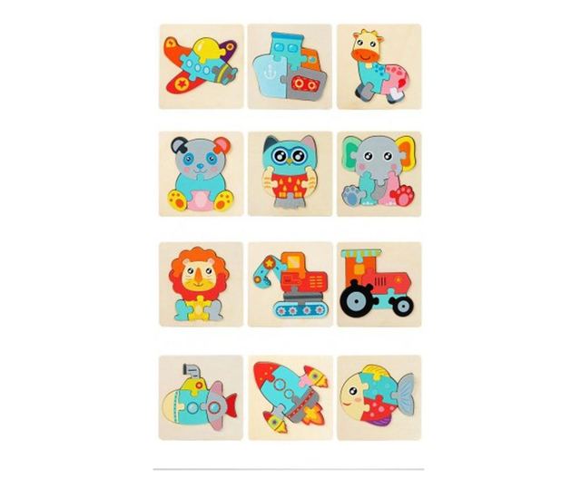 Puzzle 3D mini pastel, 12 modele, din lemn
