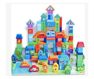 Set de constructie 100 Cuburi din lemn - Urban Trafic