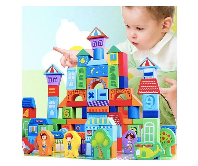 Set de constructie 100 Cuburi din lemn - Urban Trafic