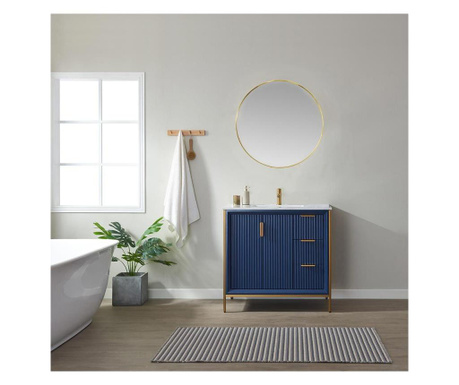 Set mobilier baie, dulap lemn 2 usi cu lavoar, blat granit + oglinda rama aluminiu, Cairo 91.4x55.8x86 cm, albastru/auriu/alb