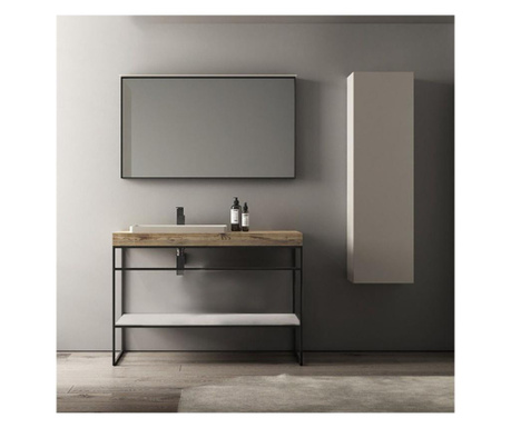 Set mobilier baie, cadru otel inoxidabil, 1 polita, blat marmura cu lavoar+oglinda rama aluminiu, Kano 120x50x79 cm, maro/negru