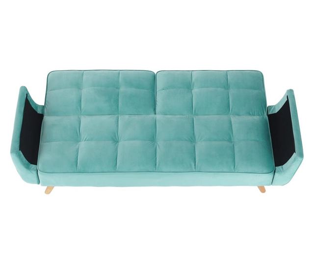 Sofa na razvlačenje u mint zelenom baršunu i nogama od prirodnog hrasta Filema 210x92x82 cm