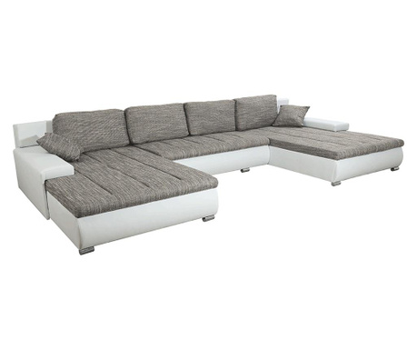 U-alakú kanapé szürke textil kárpittal és fehér ökológiai bőrrel Tonik 420x210x85 cm