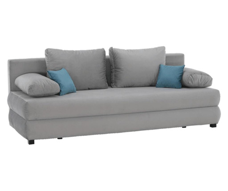 Kihúzható kanapé szürke textil kárpittal és türkiz Cliv párnákkal 206x90x85 cm