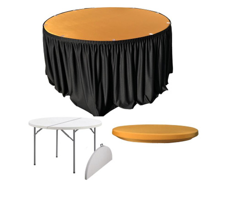 CULINARO Set pentru catering, evenimente, masa rotunda pliabila tip valiza, 152xh74cm, fusta de masa neagra, capac elastic auriu