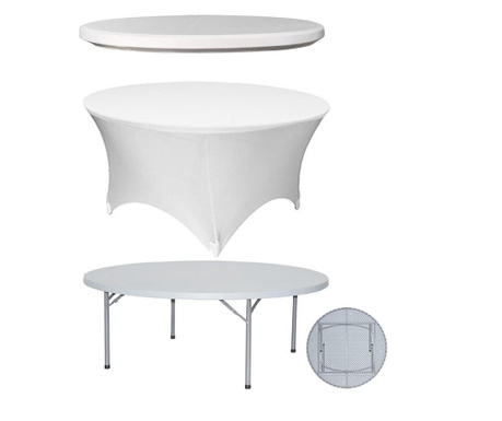 CULINARO Set masa plianta rotunda 180xh74cm catering, evenimente, husa alba, capac elastic alb