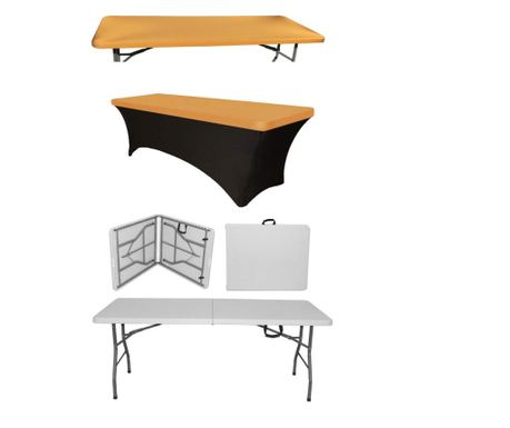 CULINARO Set masa catering pliabila tip valiza, dreptunghiulara 180x76xh74cm, husa neagra si capac elastic auriu