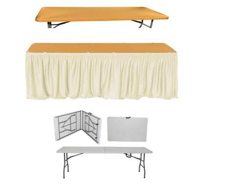 CULINARO Set evenimente si catering, masa pliabila tip valiza 244x76xh74cm, fusta de masa ivory, capac elastic auriu