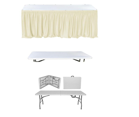 CULINARO Set masa pliabila tip valiza, pentru evenimente, 180x76xh74cm, fusta de masa ivory, capac elastic alb