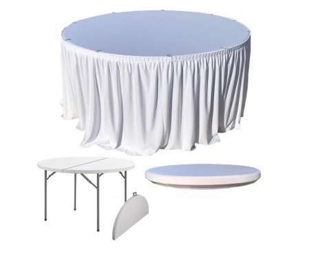 CULINARO Set pentru catering, evenimente, masa rotunda pliabila tip valiza, 152xh74cm, fusta de masa alba, capac elastic alb