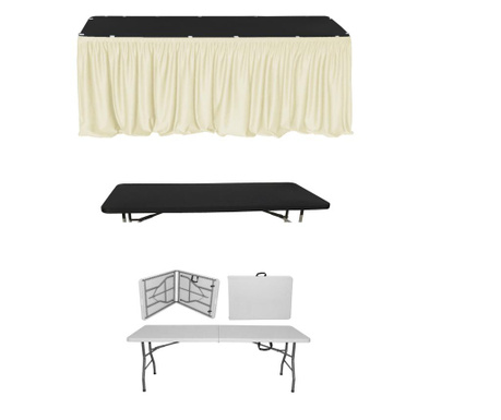 CULINARO Set masa pliabila tip valiza, pentru evenimente, 180x76xh74cm, fusta de masa ivory, capac elastic negru