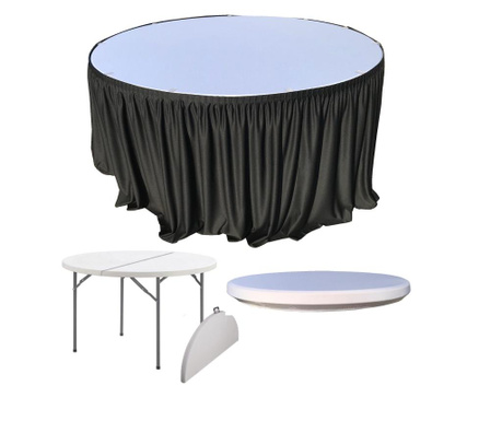 CULINARO Set pentru catering, evenimente, masa rotunda pliabila tip valiza, 152xh74cm, fusta de masa neagra, capac elastic alb