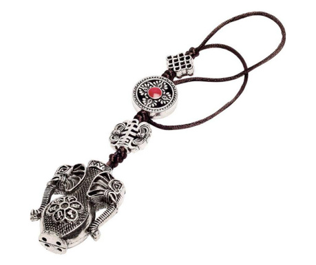 Amuleta Amfora cu 2 elefanti liliac si 8 simboluri norocoase, remediu feng shui pentru bogatia casei, metal argintiu snur