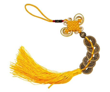 Nod mistic galben cu 5 monede chinezesti, amuleta pentru protectie si noroc bani, galben 32 cm