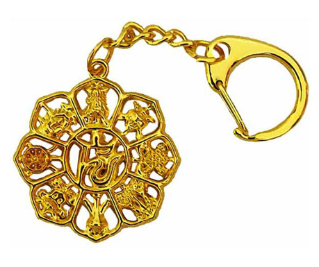 Breloc 8 simboluri norocoase de dragoste si bani, talisman pentru bunastare, forma floare metal auriu