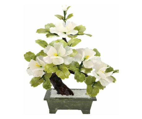 Copac Jad cu 3 bujori, floarea dragostei pure, arbore stil bonsai, flori frunze suport din piatra semipretioasa, 30 cm verde cu