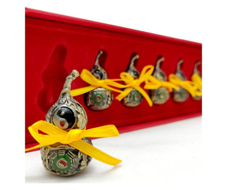 Set amulete sanatate 6 Wu Lou tartacuta feng shui pentru protectia de boli, metal auriu in cutie rosie de 21 cm