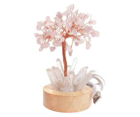 Copacel Cuart Roz cu lumina, pietre semipretioase pentru noroc in dragoste si familie, obeliscuri cristal pe soclu lemn si cablu