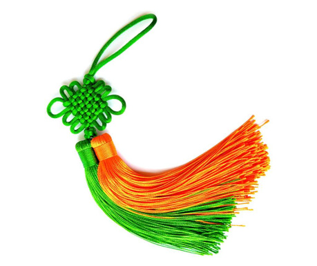 Nod mistic verde orange, amuleta feng shui pentru bani si protectie, canaf ciucuri textil