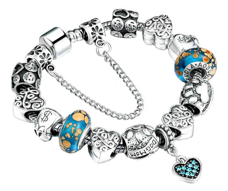 Bratara pentru iubire, tip Pandora, suflata cu argint si sticla Murano cu charmuri inima dragostei si simboluri norocoase de bog