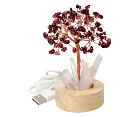 Copacel Granat cu lumina, pietre semipretioase pentru noroc, obeliscuri cristal pe soclu lemn si cablu USB, negru reflexe rosu