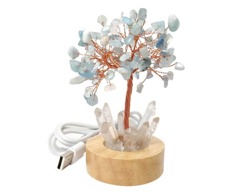 Copacel Acvamarin cu lumina, pietre semipretioase pentru curaj si impacare, obeliscuri cristal pe soclu lemn si cablu USB, albas