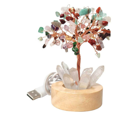 Copacel Cuart Mixt cu lumina, pietre semipretioase pentru protectie, obeliscuri cristal pe soclu lemn si cablu USB
